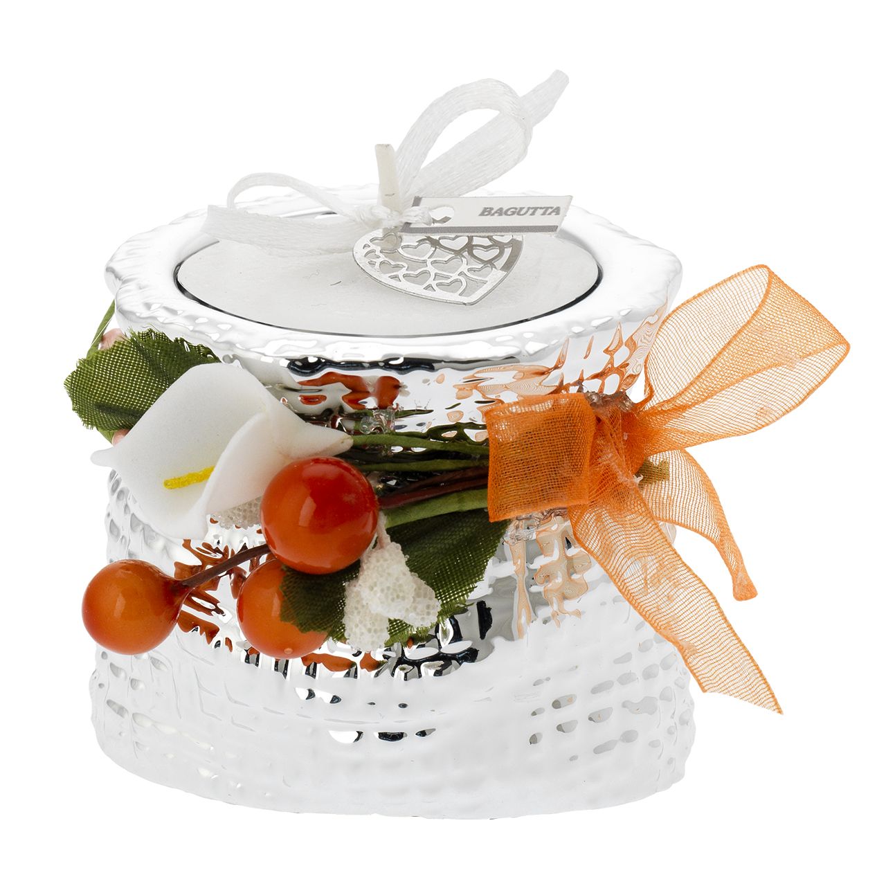 MINISACCO CON TEALIGHT DECORATA E DECO FLOREALE ARANCIO
